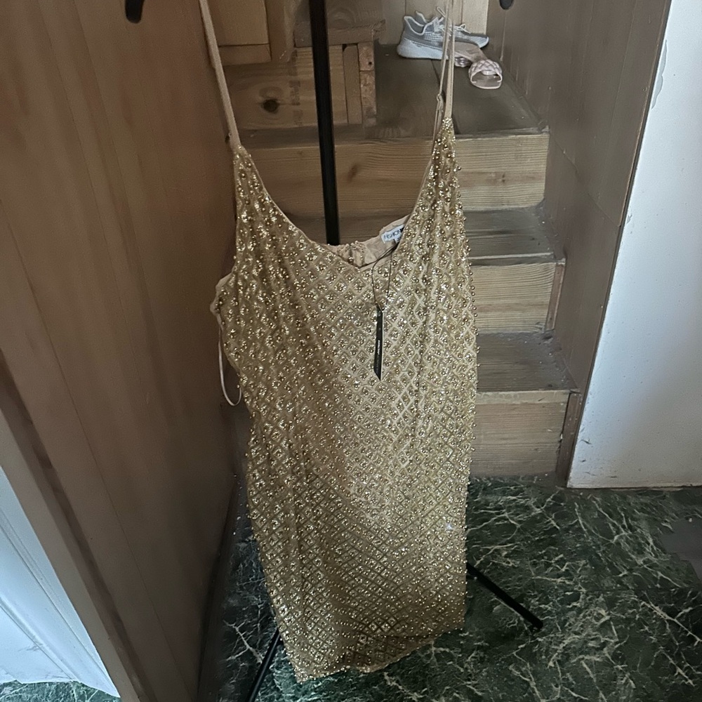 Fashion Nova Gold Sequin Slip Midi Dress